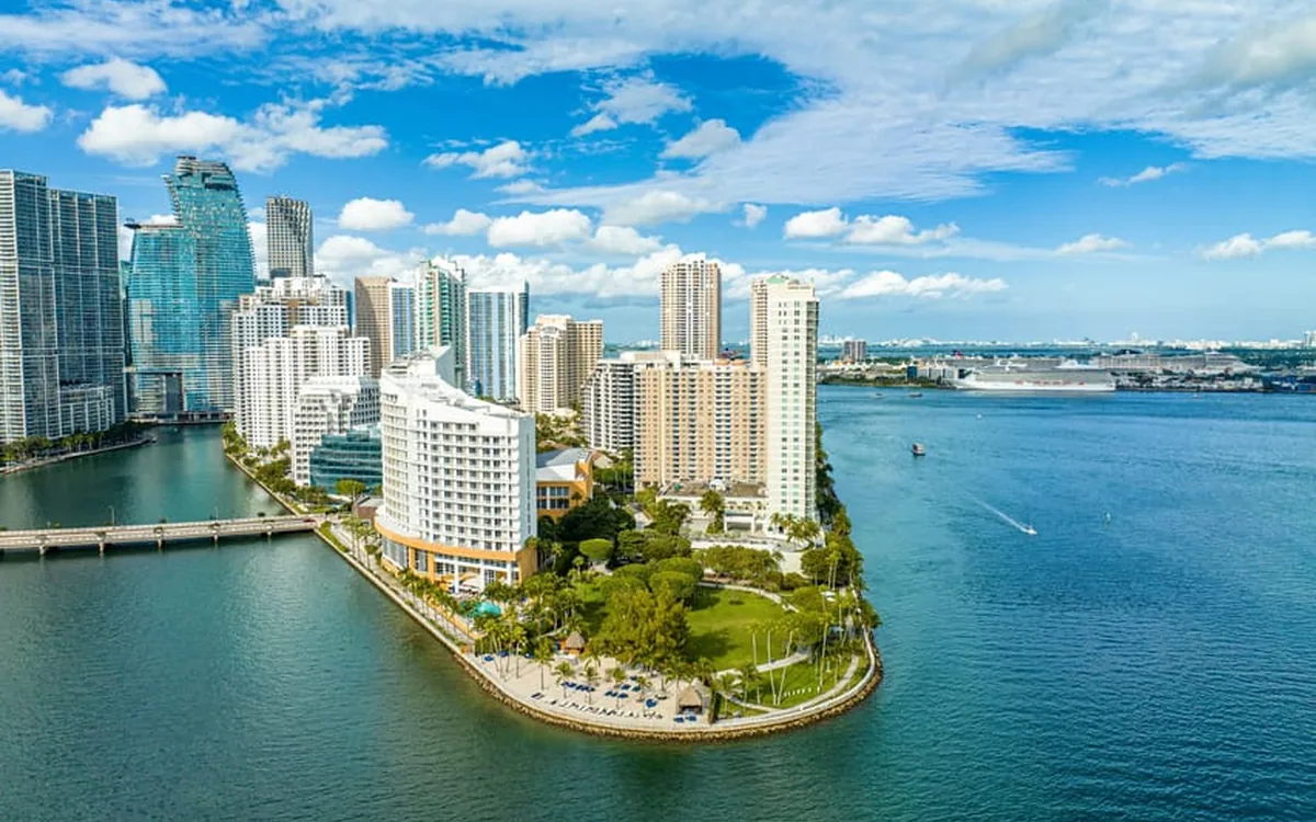 The marina and Brickell skyline in Miami seen from above