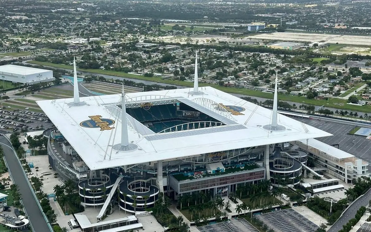 The Hard Rock guitar hotel and stadium seen from a helicopter